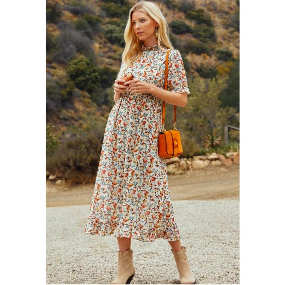 HAYDEN Floral Smock Neck Midi Dress Large